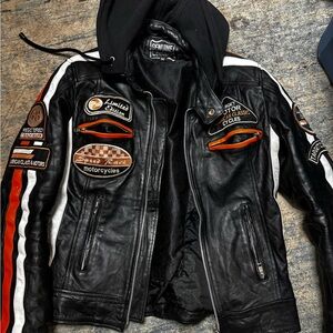 Genuine Leather Black Motorcycle Jacket with Hood - Black & Orange